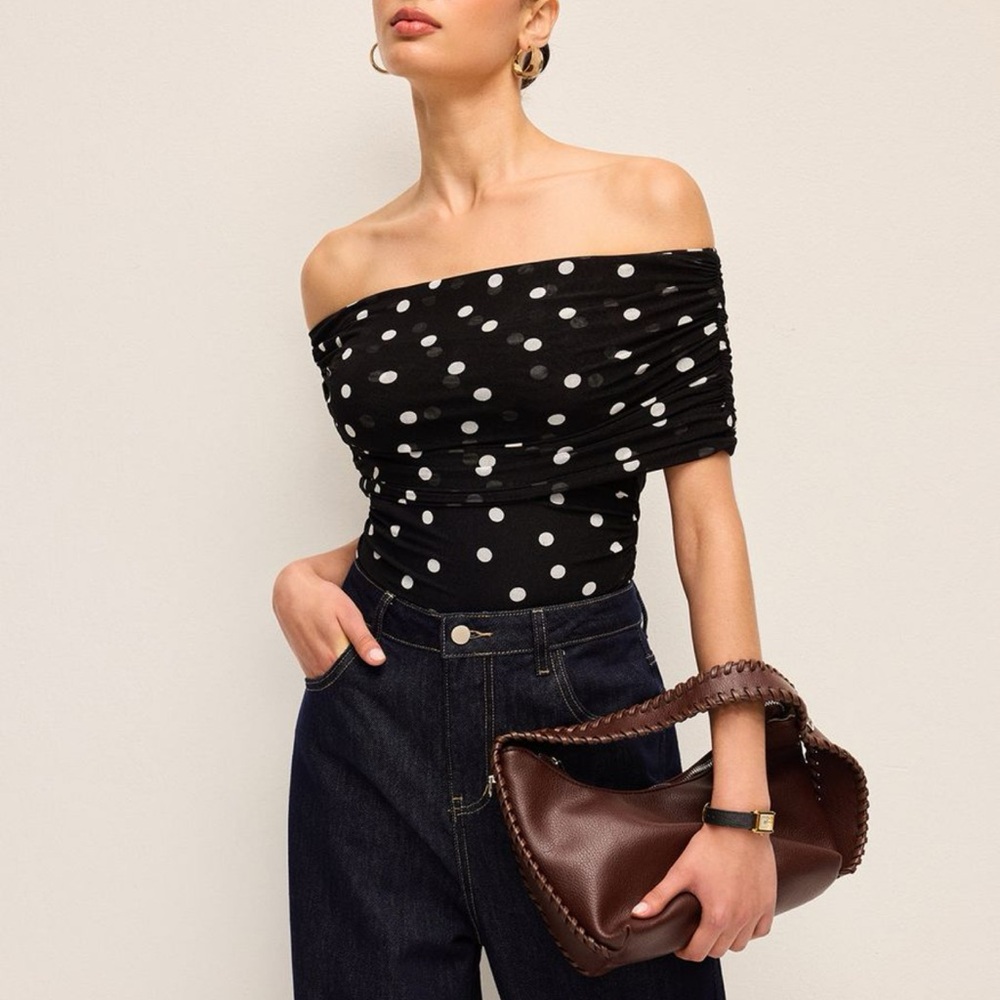 Commense Black Polka Dot Off-Shoulder Bodysuit